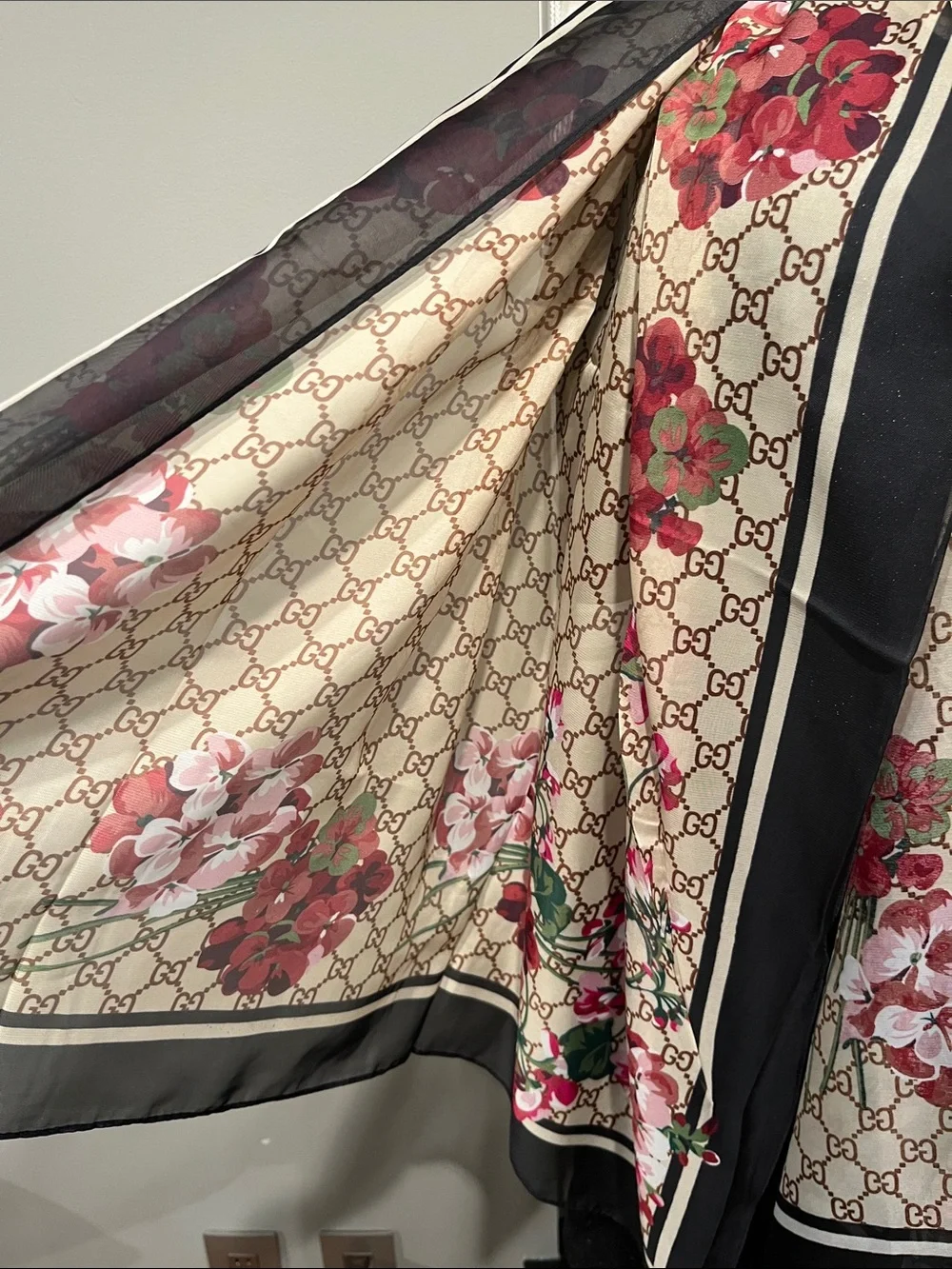 Gucci Beige Monogram Scarf with Black Trim and Pink Floral Accents